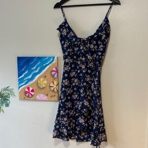 Navy Floral Ruffle Midi Dress with Spaghetti Straps